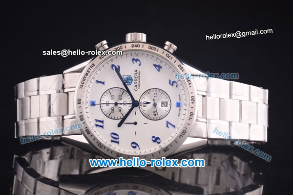 Tag Heuer Carrera Chronograph Quartz Full Steel with White Dial Blue Numeral Markers - Click Image to Close